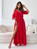 2024 Summer Women's Solid Color Lace-Up Waist Slit Dress with Hollowed-Out Design