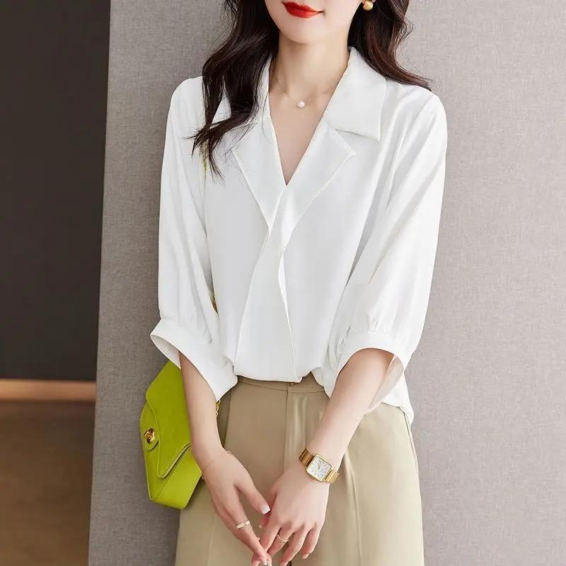 Fashionable  Loose Women's French Three-quarter Sleeve Chiffon Shirt Top