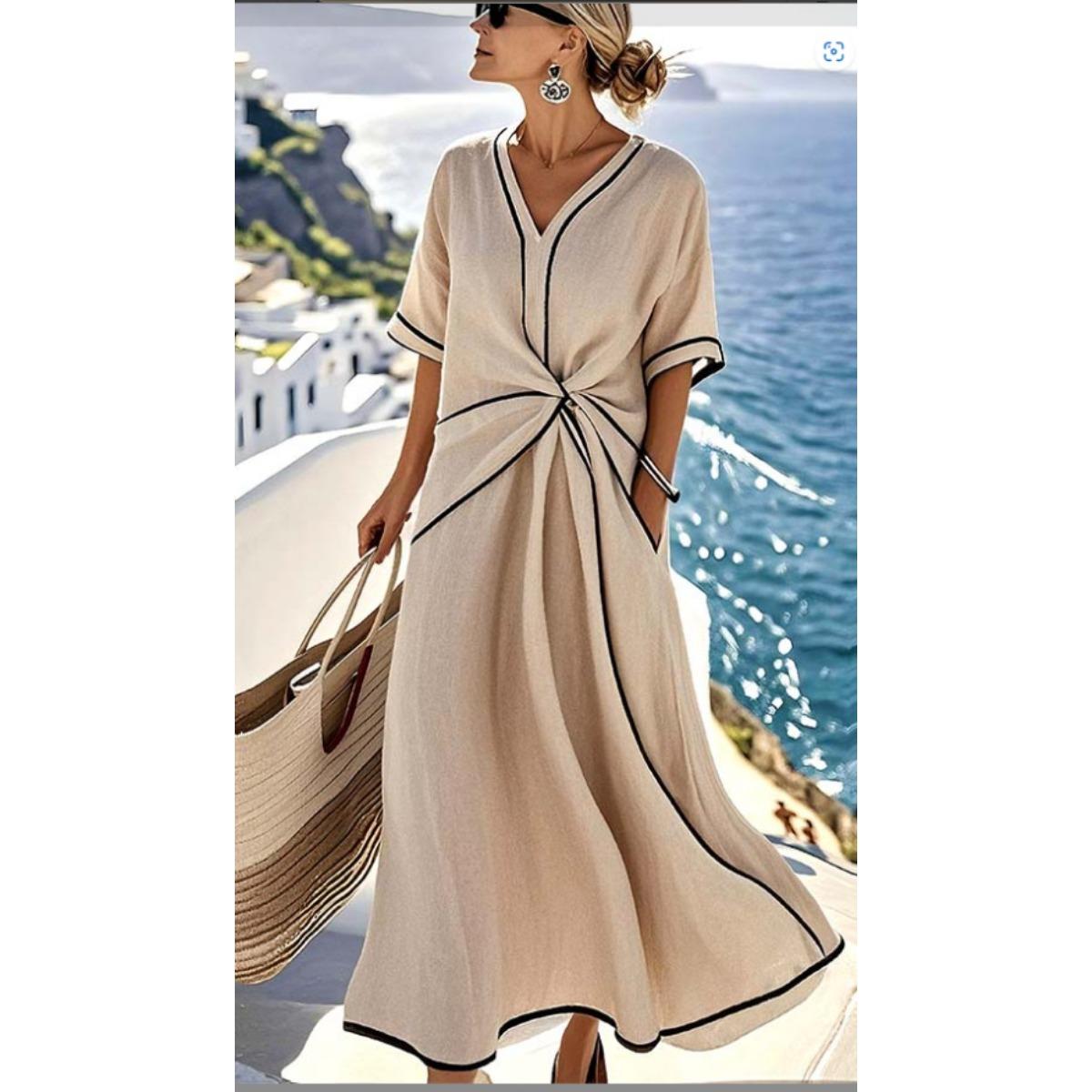 Women s V Neck Short Sleeve Twist Waist Contrast Trim Linen Blend Casual Maxi Dress S абрикосовый