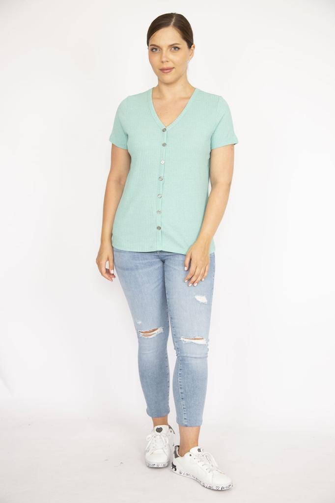 Damska Bluzka Duży Rozmiar Zielona Dekolt V Zapinana na Guziki Z Przodu Kamizelka Materiał Krótki Rękaw Bluzka