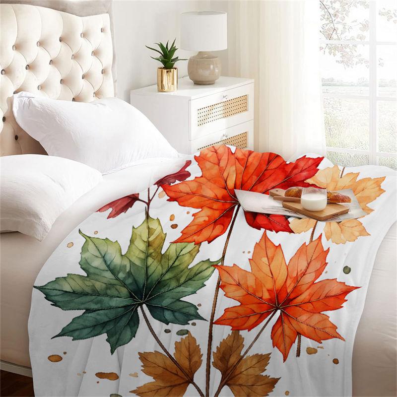 Autumn Leaves Pattern Flannel Throw Blanket White Color Maple Leaf Print Warm Blanket For Living Room Sofa Bed Decor All Season