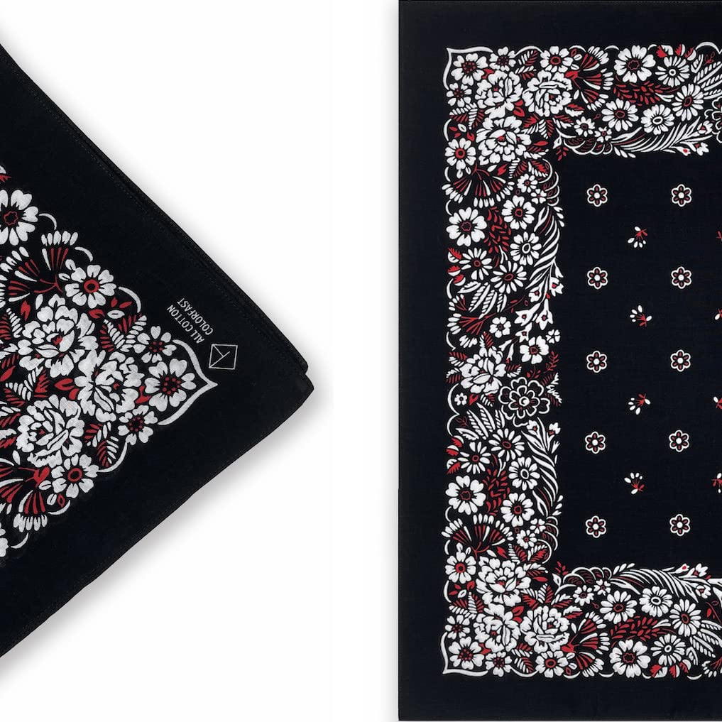 Trifong Bandana Black 100% Cotton Floral Pattern Adult Paisley Handkerchief Unisex Men's Large 55cm X 55cm