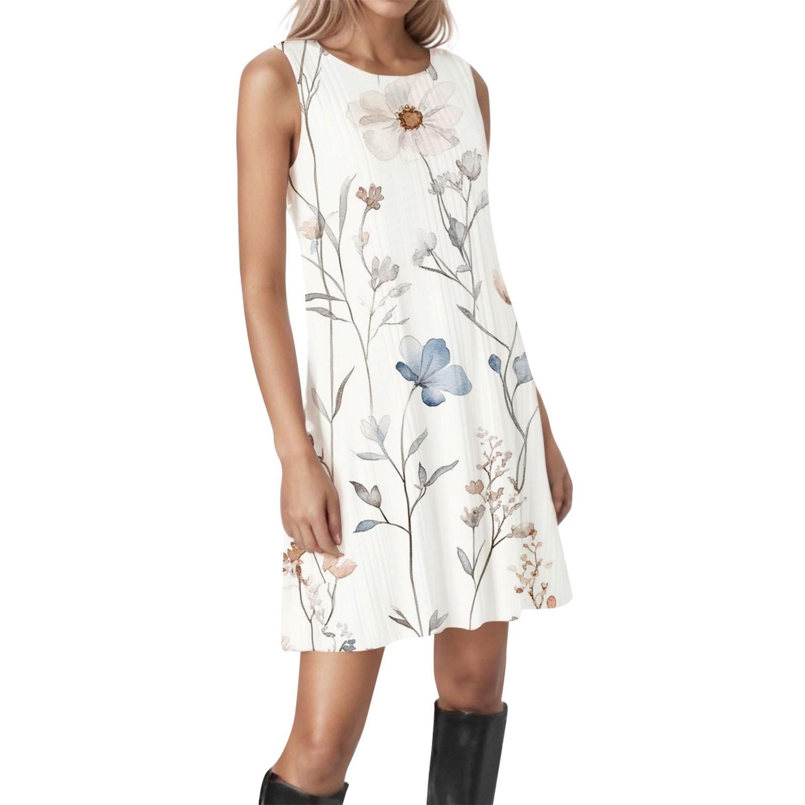 Women s Vintage Floral Round Neck Sleeveless Textured Casual Dresses XXL