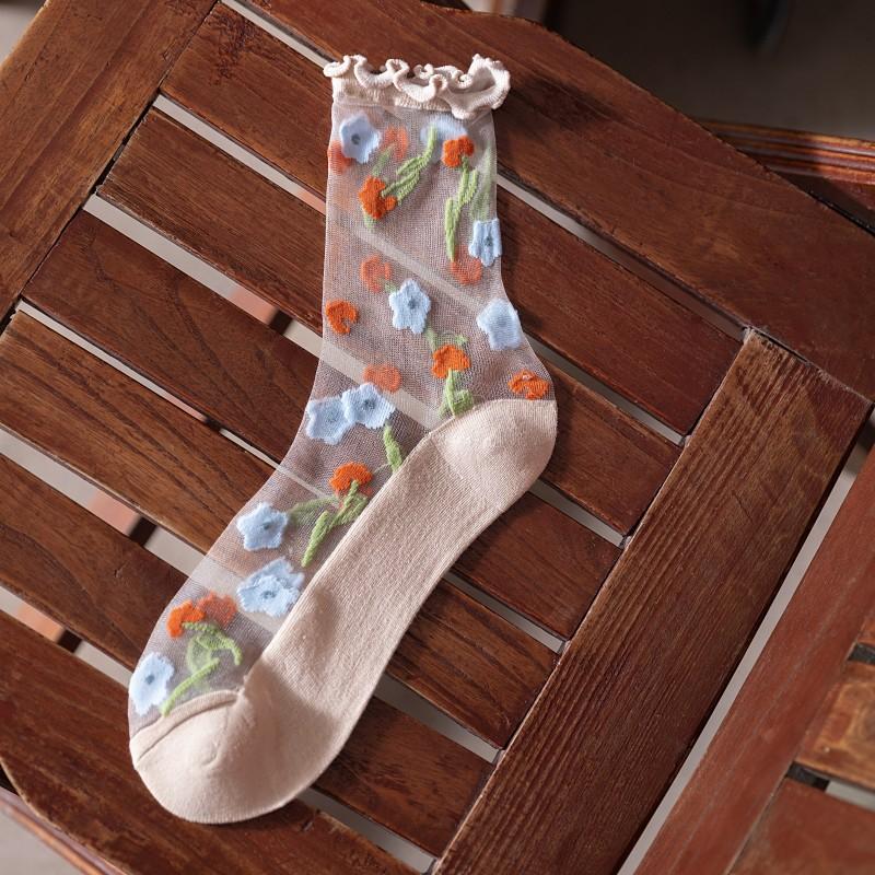 Ultra-thin Transparent Crystal Silk Socks Women Fashion Summer Harajuku Crew Socks Retro Flower Streetwear Elastic Long Socks