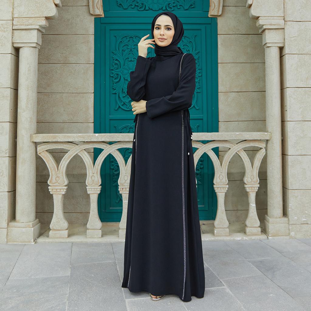 Side Tie Long Sleeve Plus Size Muslim Women Dress Abaya