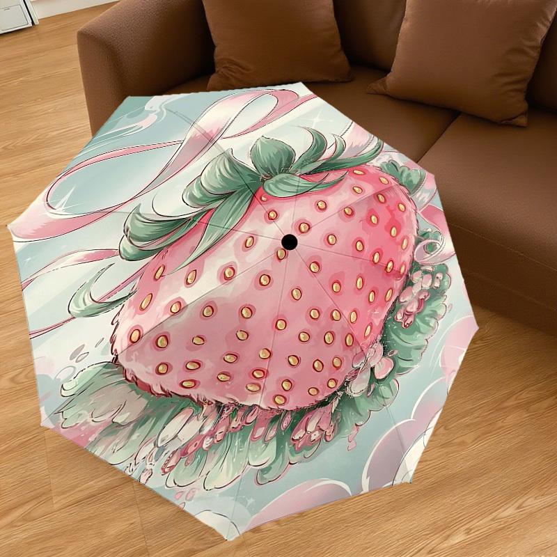 1pc Strawberry Ribbon Automatic Open/Close Umbrella Compact Folding Umbrella with 8-Rib Shaft for Women/Men, Elegant Birthday1175S