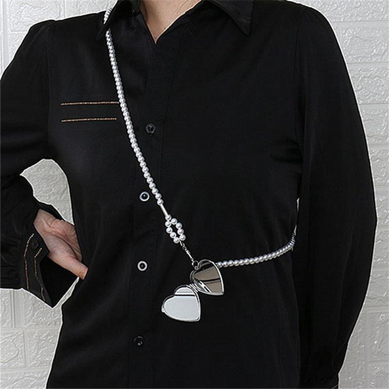 1pc Personality Long Necklace with Big Mirror Heart Pendant Women Pearl Shoudler Chain Jewelry Fashion