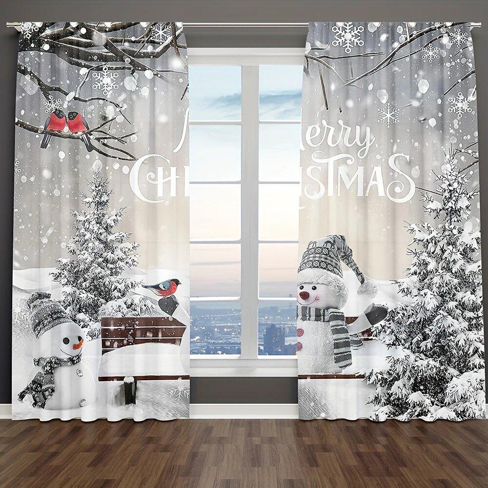 2 Pieces Christmas Snowman Curtain - Holiday Pine And Cardinal Bird Design Printed Curtains, Home Decoration, Room Decoration