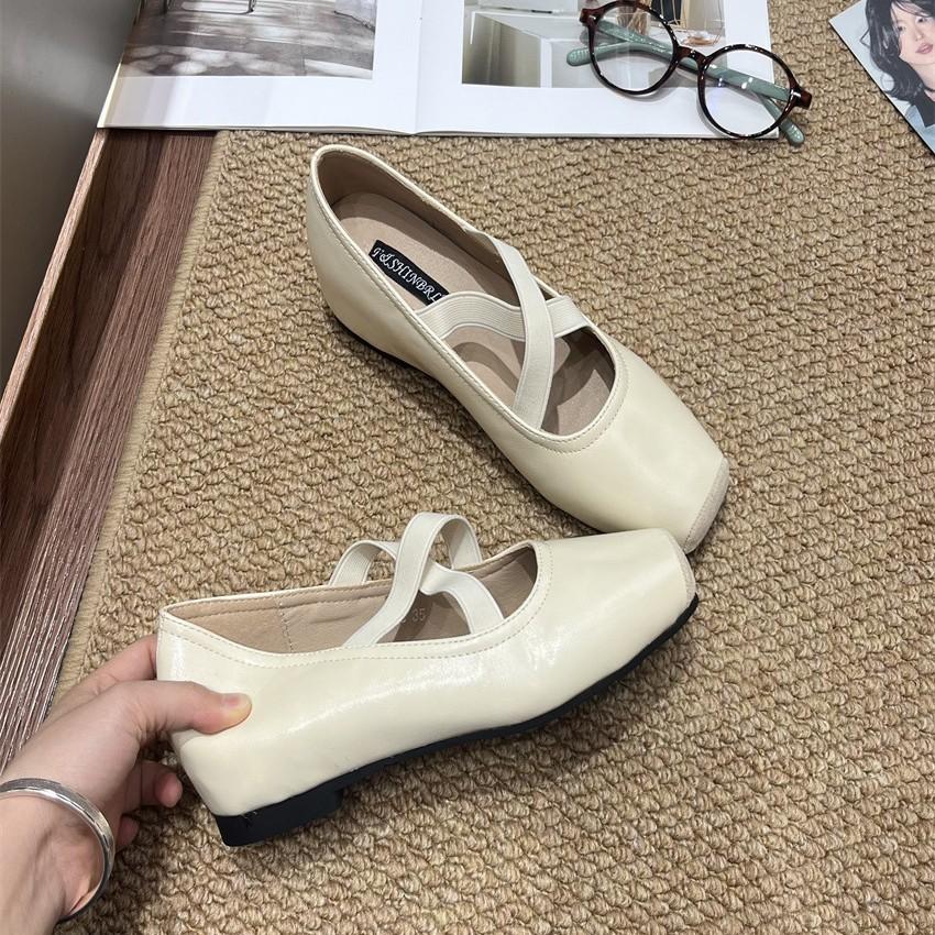 Knock textured cowhide retro ballet square head 2025 autumn new thick low heel cross belt full leather single shoes women