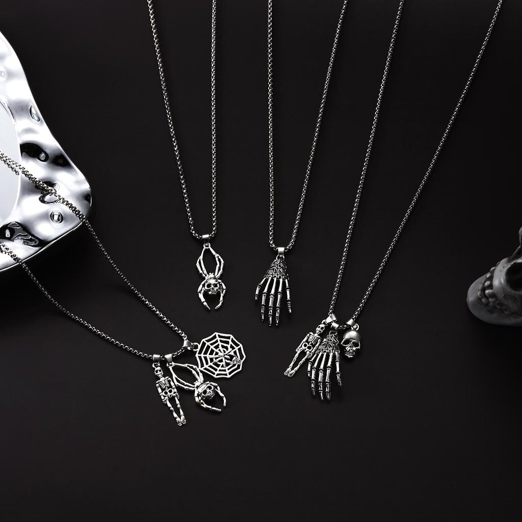 Vintage Charme Skelett Spinnennetz Halskette Herren Damen Goth Punk Totenkopf Geist Hand Anhänger Kette Halskette Halloween Schmuck Geschenk