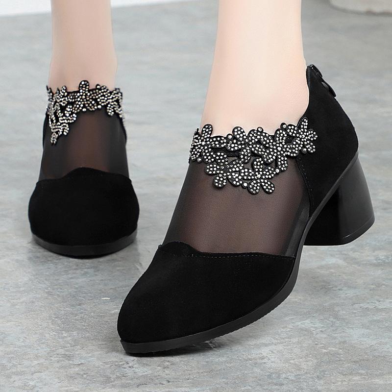 5cm Plus Size 35-42 Breathable Comfortable Mesh Rhienstone Shoes Women Pumps Summer 2025 Med Block Heels Gneuine Leather Shoes
