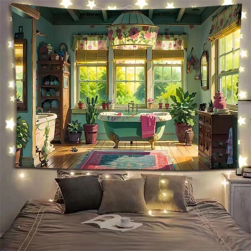 Charming Cottage Bedroom Tapestry Cozy Interior Lush Greenery Unique Wall Art for Home Decor Nature Lover Gift