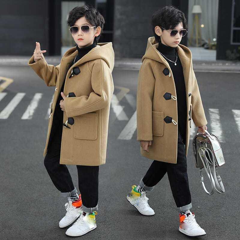 

Осенне-зимнее шерстяное пальто для мальчиков, куртка с капюшоном, однобортная, плюс теплая верхняя одежда из хлопка, детская парка 130cm хаки