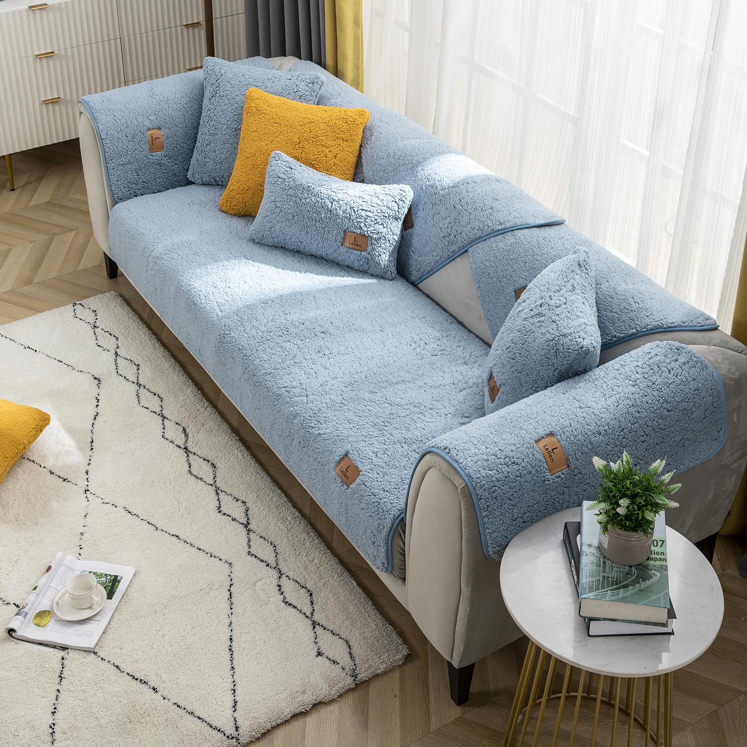Современный однотонный зимний диван-полотенце из овечьей шерсти, утолщенные плюшевые, мягкие и гладкие чехлы для диванов для гостиной, противоскользящий чехол для дивана 70x70cm синий