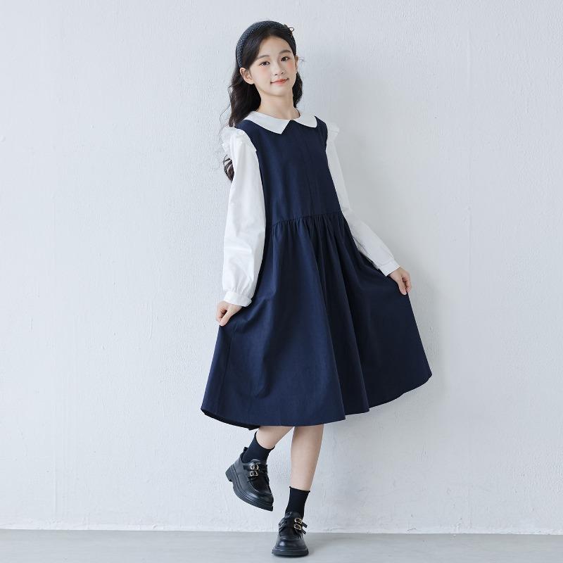 Girls Preppy Style Doll Collar Long Sleeve Spring Autumn Casual Kids Dress