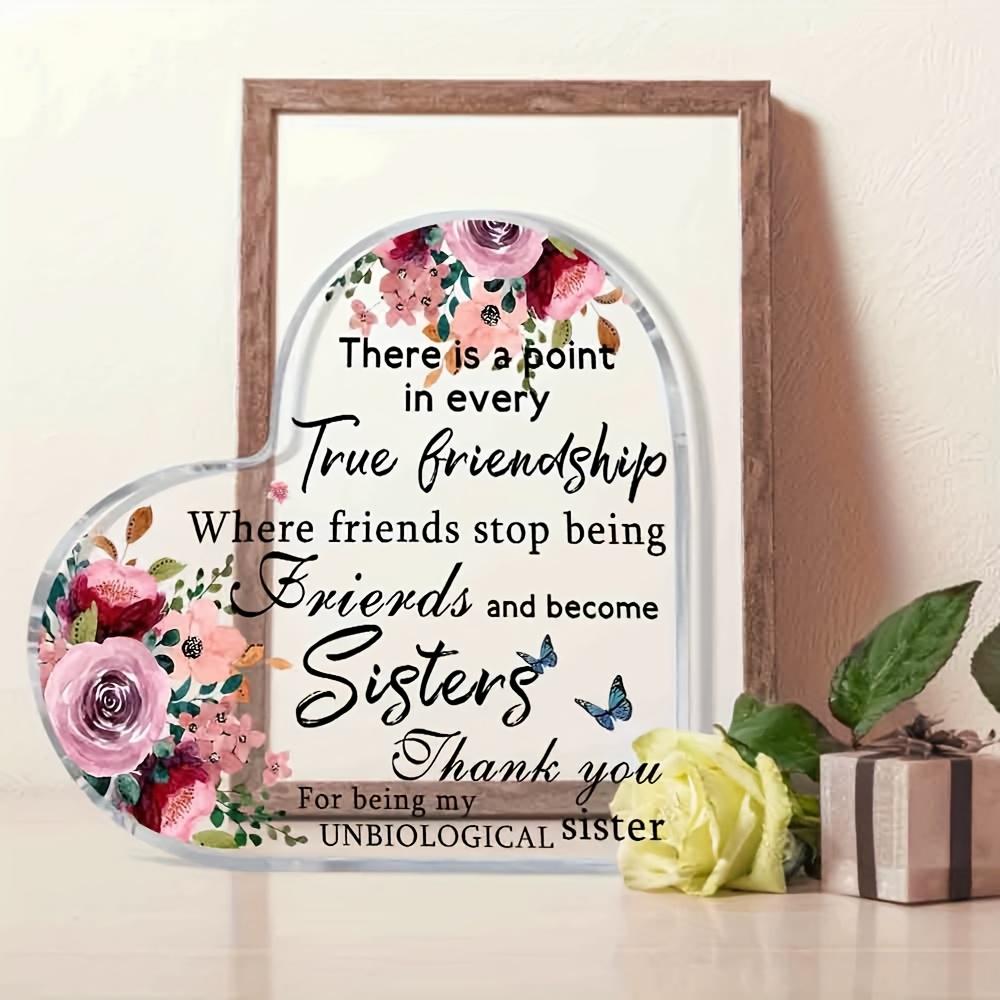 Heart-Shaped Sisterhood Keepsake - Pink & Red Roses Acrylic Plaque with "True Friendship To Sisters" Message, Unbiological Sister Gift for Birthday,