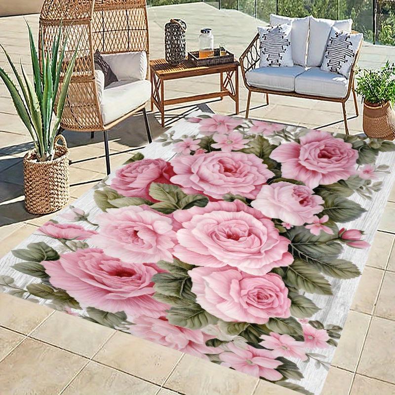 1Pcs Pink Floral Pattern Floor Mat Modern Kitchen Polyester Rug Non-Slip Colorful Indoor Carpet, For Home Bathroom Bedroom Living Room Decor