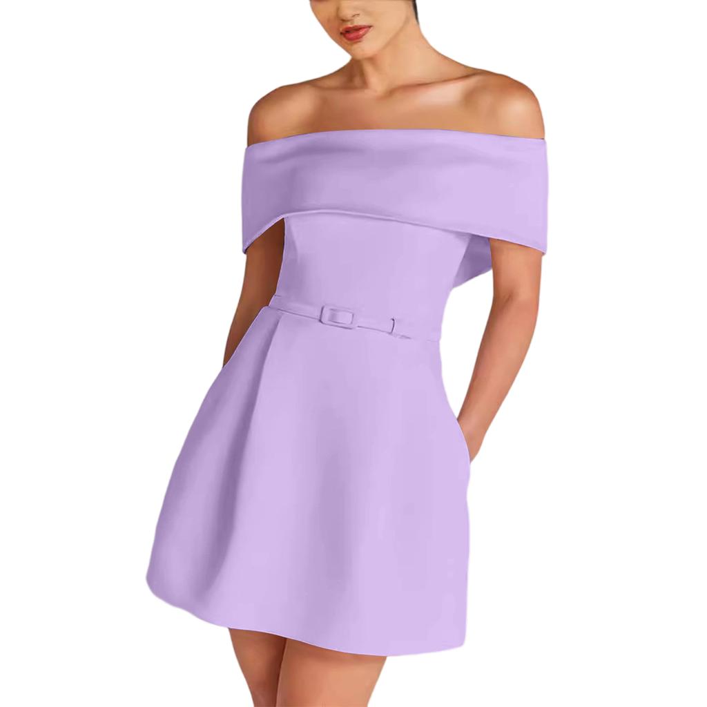 Dames Off-shoulder Jurk met Riem, Casual en Stijlvolle Feestjurk.