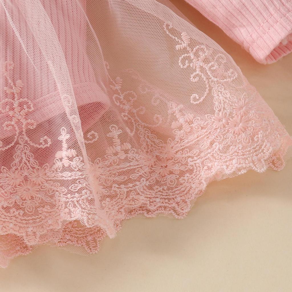 Sweet Floral Long Sleeve Baby Girl Romper Dress with Mesh Skirt