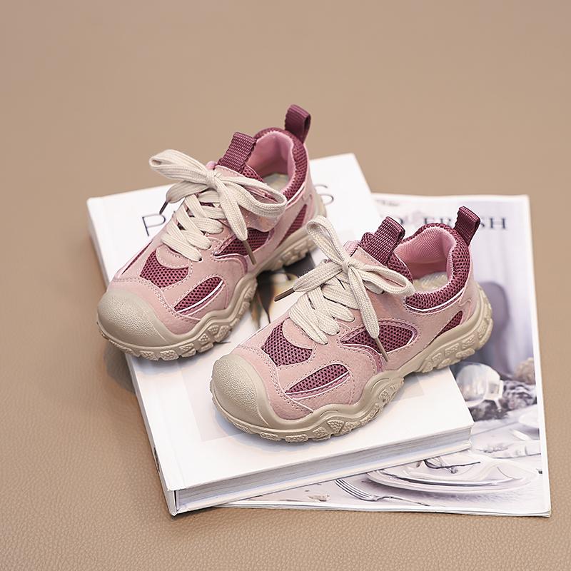 Children Casual Shoes for Boys Girls Lace-up Air Mesh Breathable Anti-kick Fashion Kids Running Sports Sneakers Pink Grey Shoes