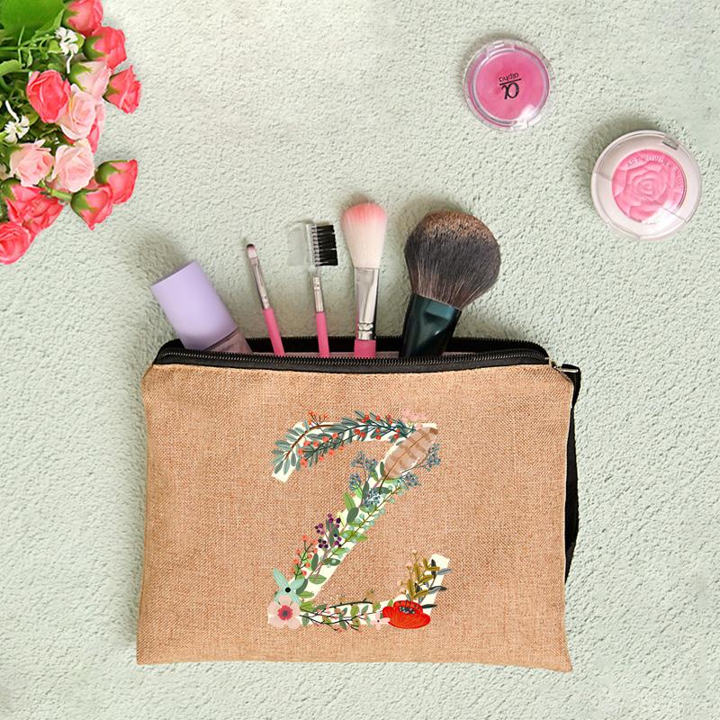 26 Letters Floral Women Cosmetics Woman Zipper Pouch Fashion Women Linen Cosmetic Bags Travel Portable Makeup Bag Cosmetic Bag