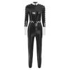 Dámský závodní overal Metalický lesklý šachovnicový patchwork Stojáček Přední zip S páskem Legíny Kostým