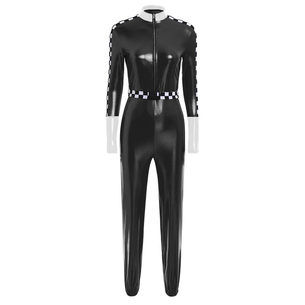 Dámský závodní overal Metalický lesklý šachovnicový patchwork Stojáček Přední zip S páskem Legíny Kostým