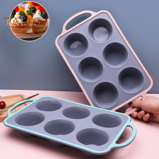 Silicone Cake Mold 6 Cups Cupcake Model Muffin Tart Baking Pan with Handle Non-Stick Food Grade Heat-resistant Easy Release Easy Cleaning Baking Mould