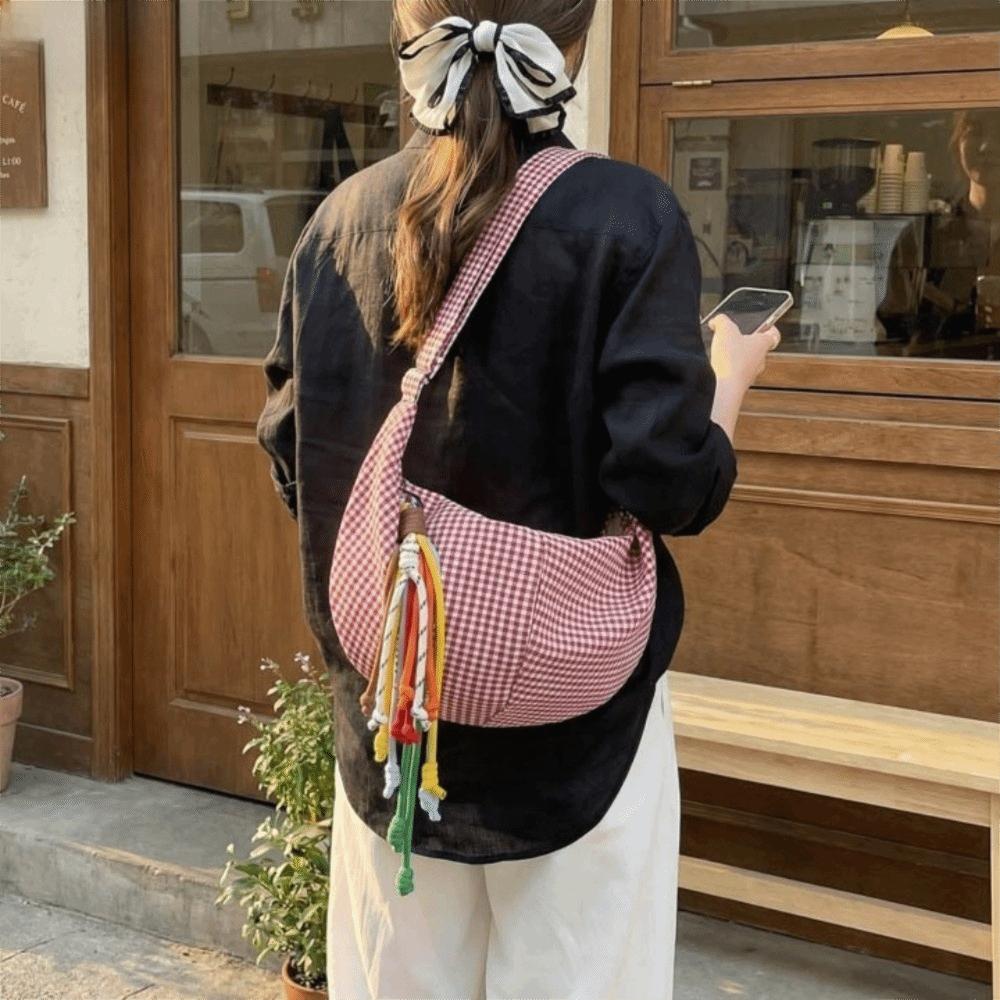 Large Capacity Dumpling Bag Zipper Crossbody Bag Simple Plaid Shoulder Bag  Daily