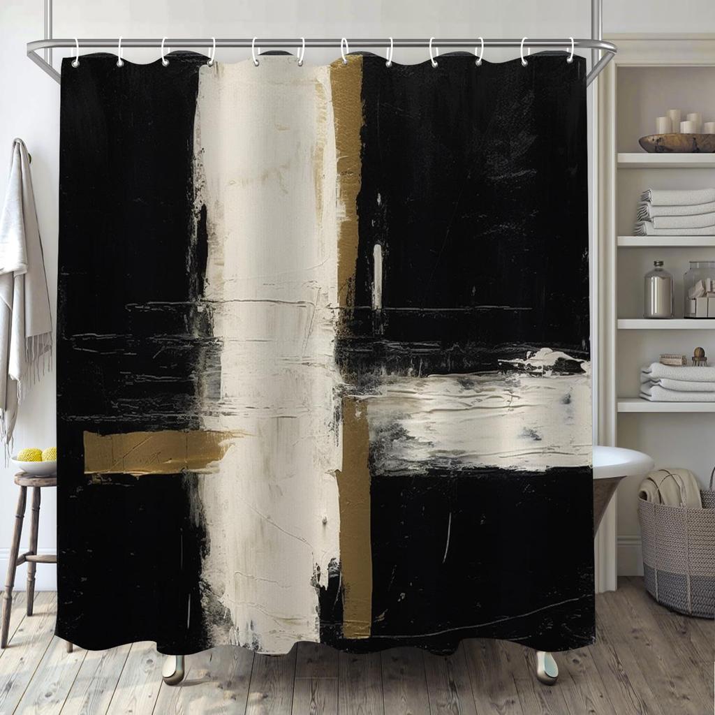 Abstract Simple Modern Shower Curtain Set Dark Brown Neutral Modern Brushstroke Art Waterproof Bathroom Curtain With Hook