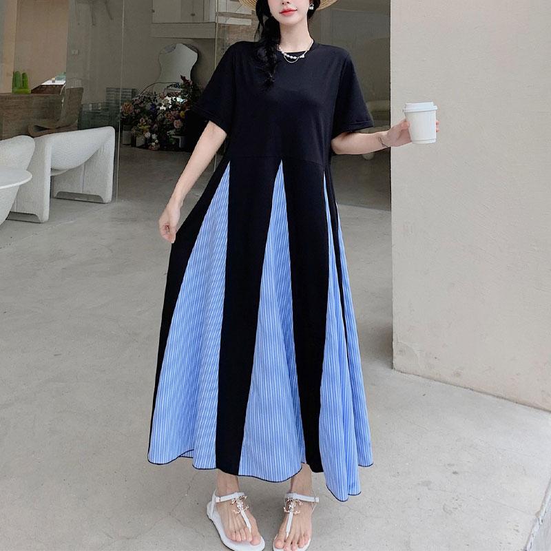 Casual Contrasting Colors Long Dress Summer Fashion Plaid Patchwork Women's Clothing Loose O-Neck Oversized Short Sleeve Dresses