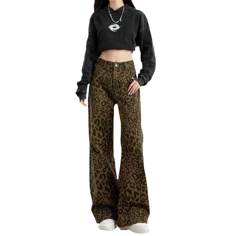 Retro Leopard Print Wide-leg Jeans for Women In Spring and Autumn High Street Loose Straight Pants Casual Floor Trousers