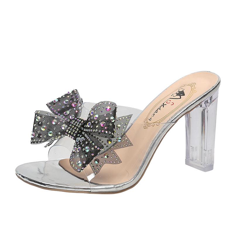 Slippers wear summer new sexy thick heel one-word drag rhinestone high heel sandals tide 35