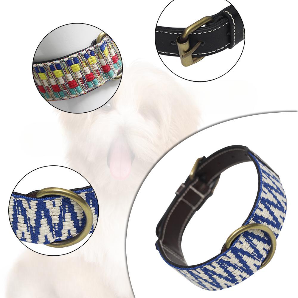 New Luxury Retro Knitted Embroidered Leather Dog Collar Soft and Adjustable Cowhide Dog Collar