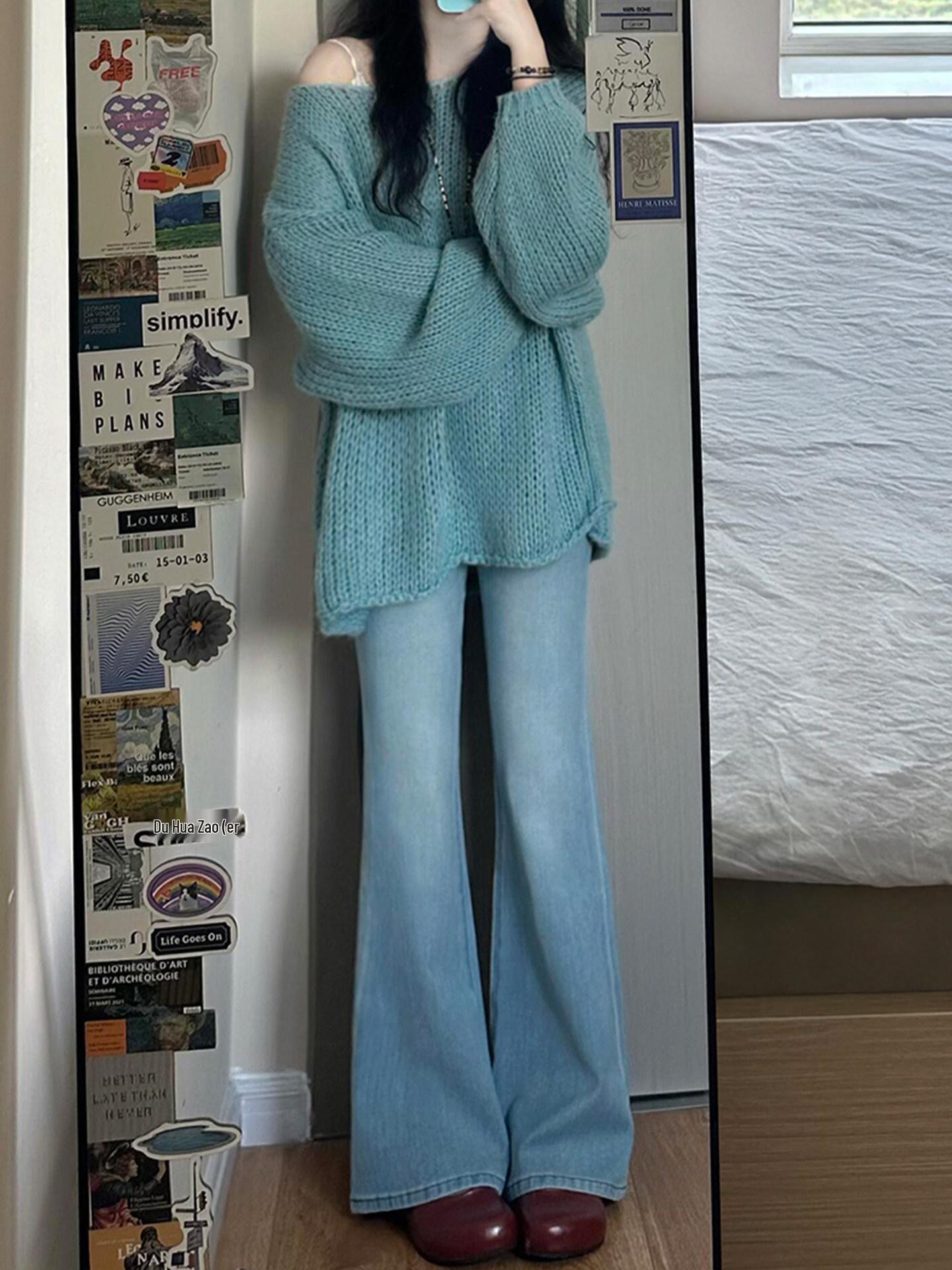 

Light Blue Plus-Size High-Waisted Flared Jeans for Women - Spring Style, Slimming, Straight-Leg, Not Tight-Fitting. S світло-синій колір