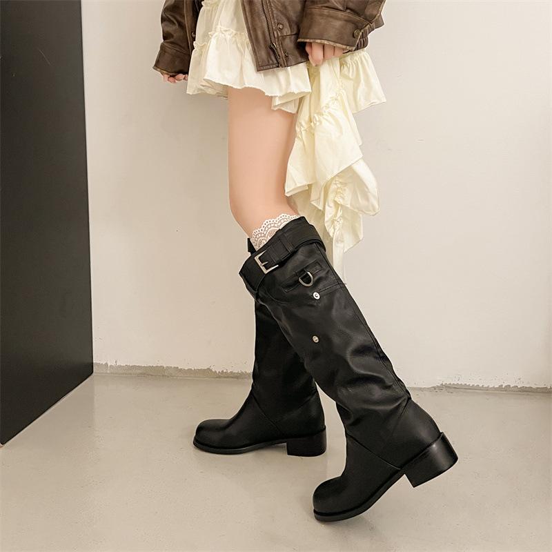 But Knee Boots Women's 2025 Autumn New Thick Heel Round Head Thin Tall Knight Boots Pleated Brown Pile Boots