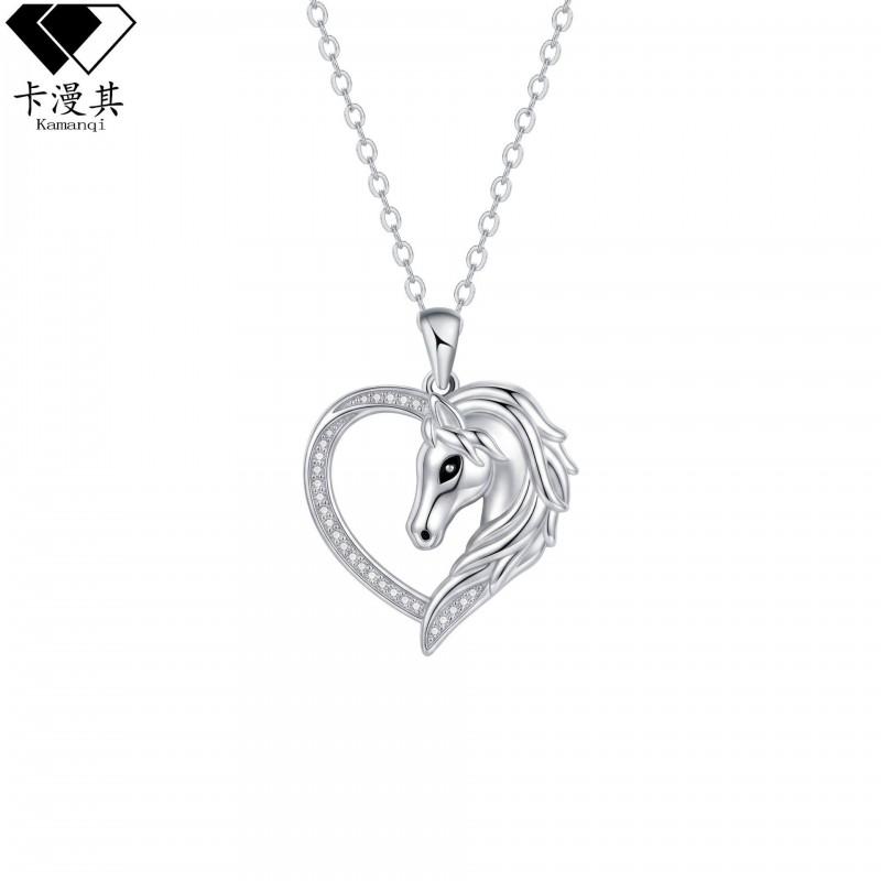 Elegant Horse Pendant Necklace With Cubic Zirconia Heart Charm Titanium Steel Chain Hypoallergenic Silver-Tone Jewelry Women Silver