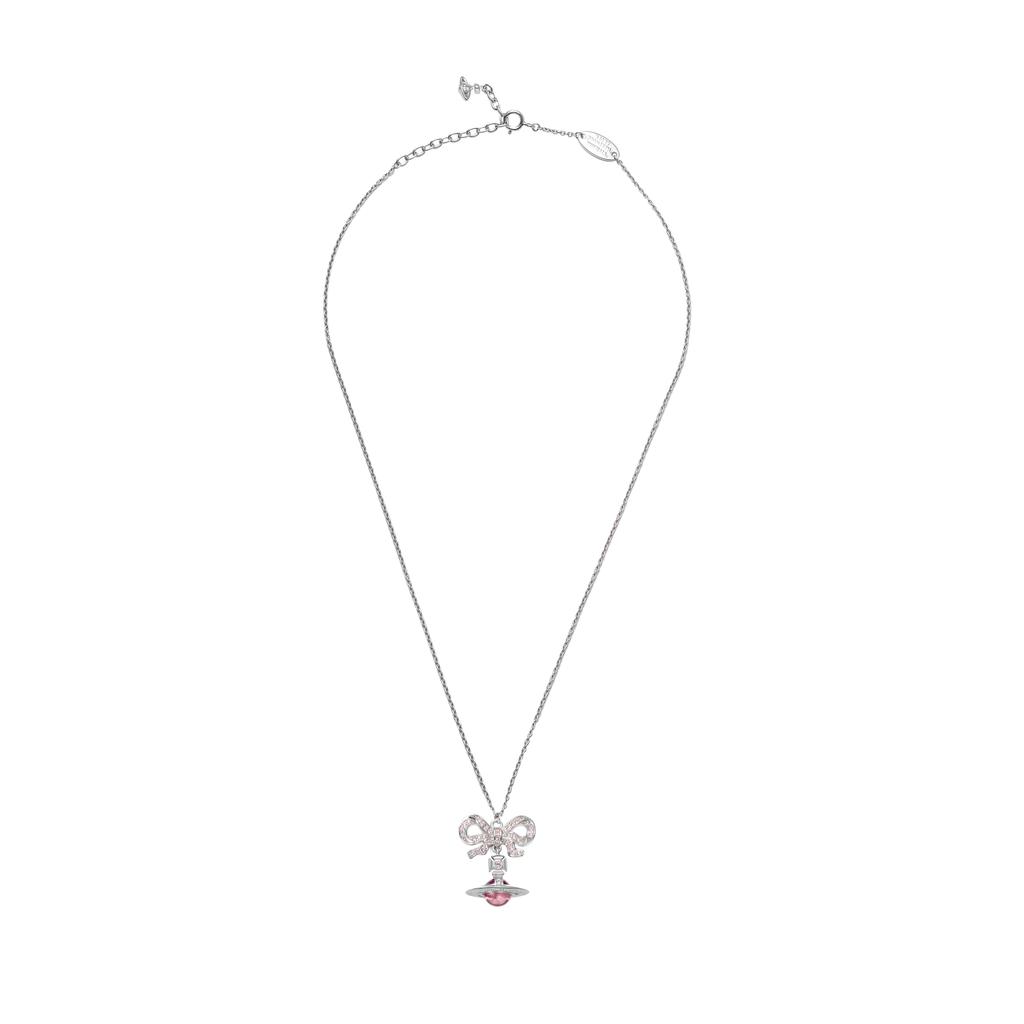 VIVIENNE WESTWOOD Octavie Bow Saturn Pendant Long Necklace Unisex Necklace Silver Pink 6302039G-01P356-SM