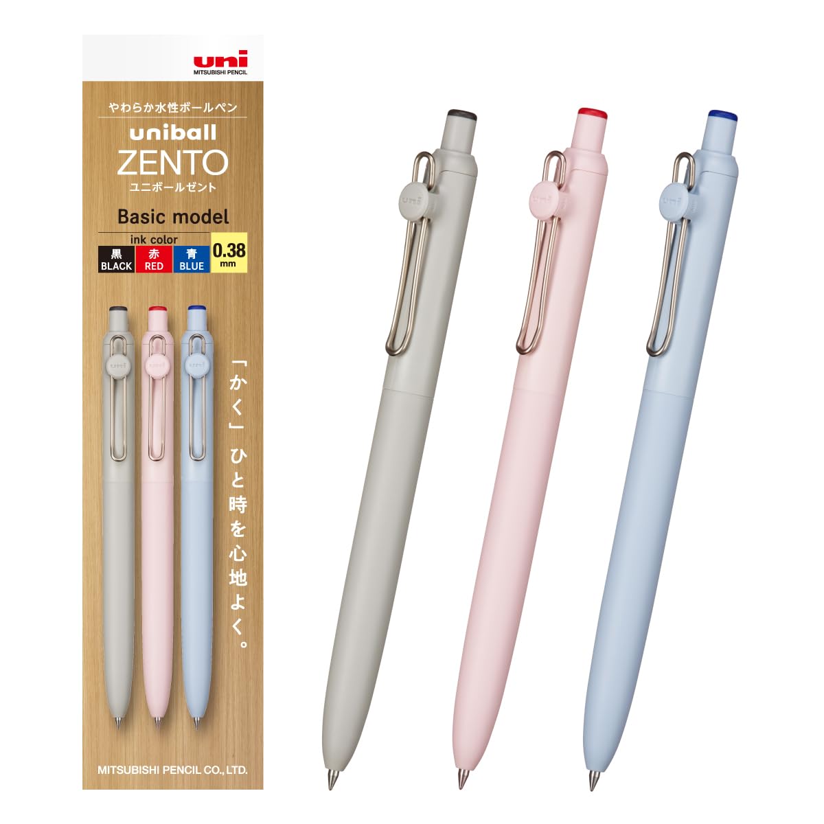 Набор шариковых ручек Mitsubishi Pencil Uni-Ball ZENTO на водной основе [Все 2 размера] Черный/Красный/Синий, 3 шт. 0.38mm