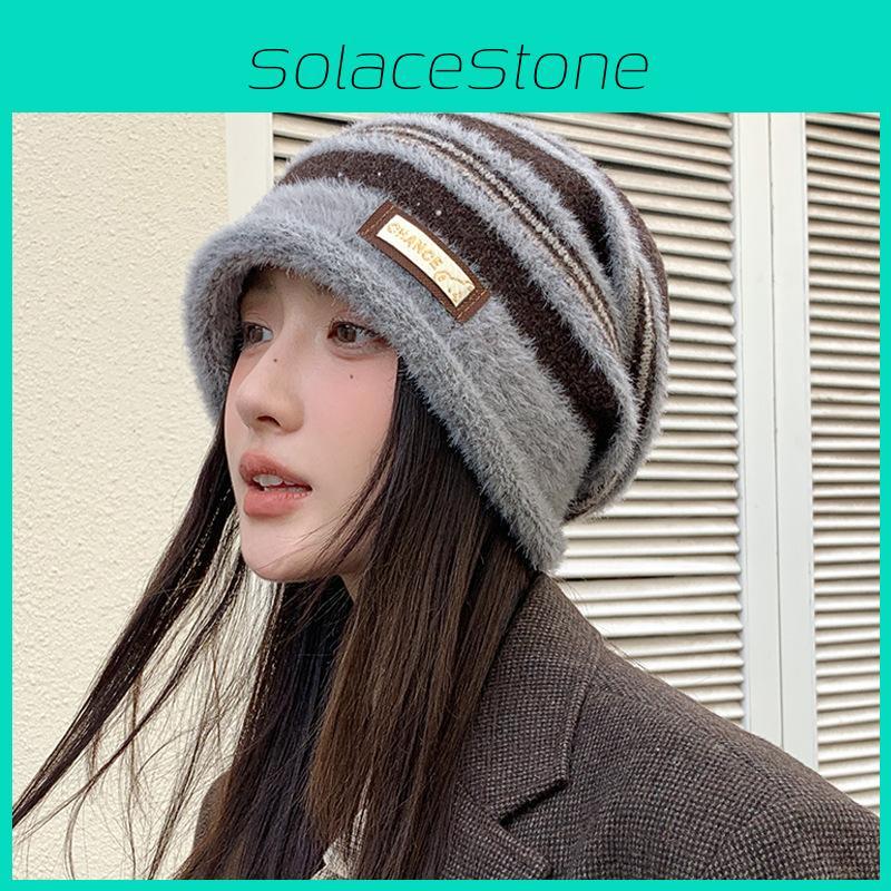 Color Fashionable Blocked Striped Design Women Casual Knitted Hat Winter For