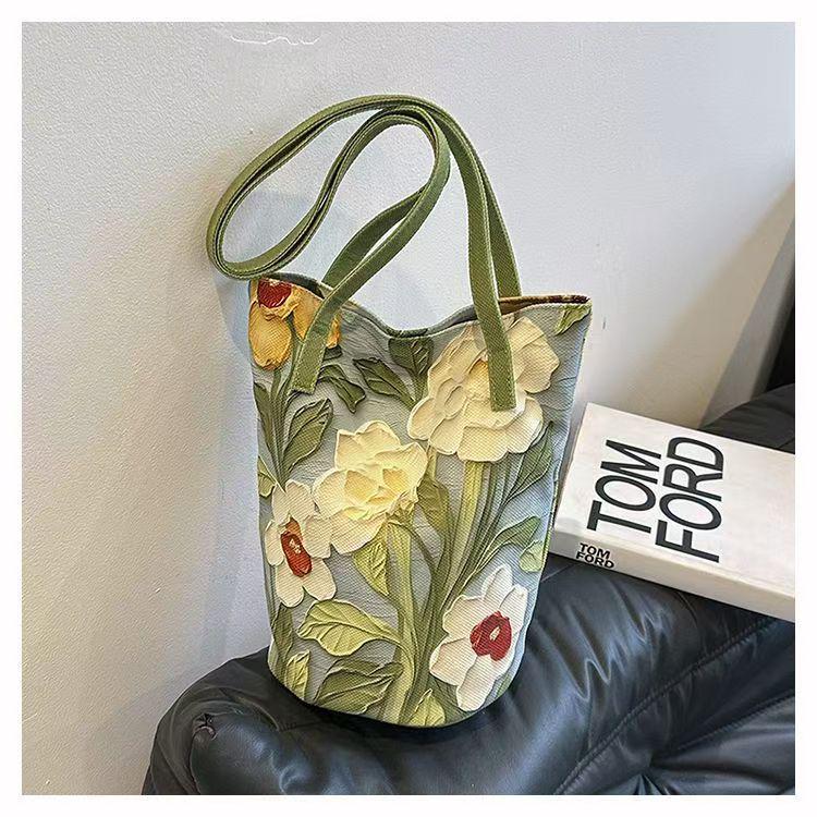 High-Capacity Floral Oxford Bucket Bag - Versatile Summer Shoulder Handbag