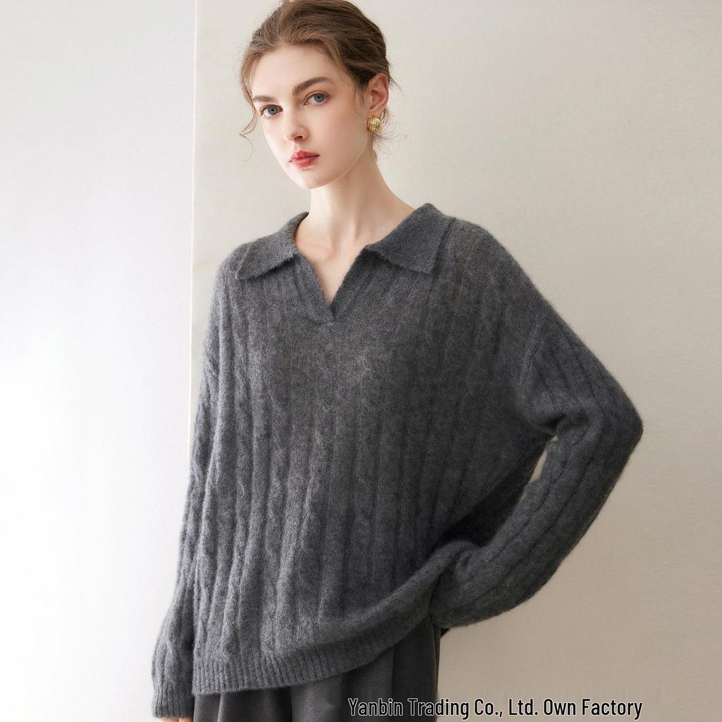 Women's Cashmere Cable Knit Sweater - New Lapel Style, Loose Fit, Autumn/Winter Versatile Top in Pink, Purple, and Light Blue.