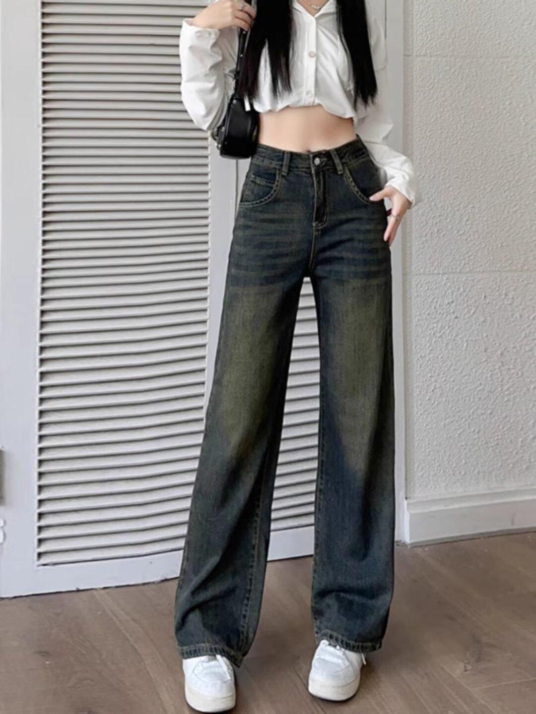 

Женские ретро эластичные цементные джинсы широкого кроя - Маленький рост, Длина в пол, Весна/Осень 5XL серый