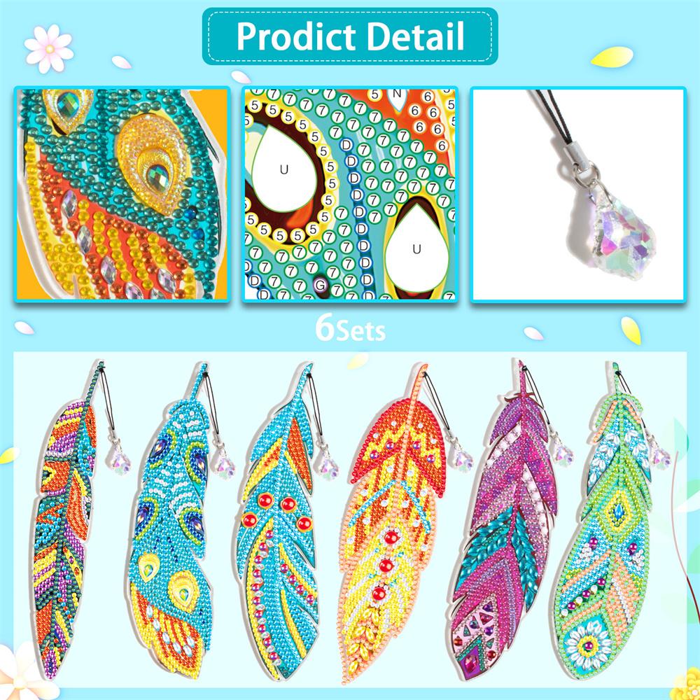 R-MSQ015-037 New Arrival 6pcs Feather Diamond Painting Bookmarks Resinstone Bookmark Pendant