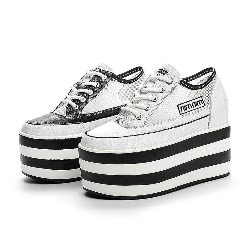 Móda 12CM Vzdušná síťovina Duté Ležérní boty Vulkanizované Letní Prodyšné Pravá kůže Robustní Tenisky Klínový podpatek Platformové Tenisky