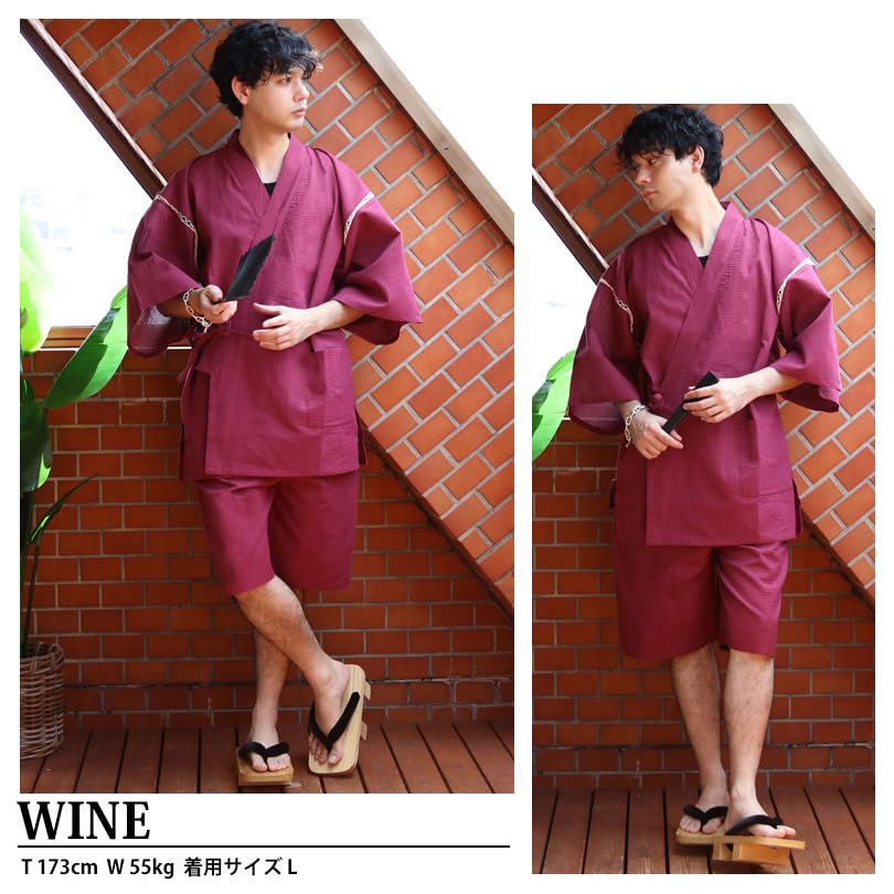 Shijira Woven Jinbei Top and Bottom Cool Size 10 Colors 8(eight) Set, Cotton, Wine, LL,