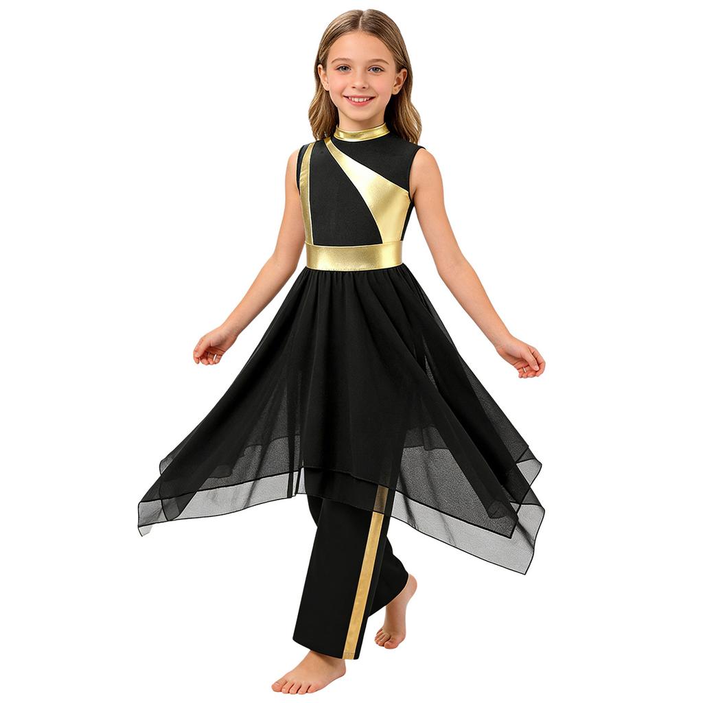 Girls Metallic Patchwork Sleeveless Dress Lyrical Dance Outfit Wide Leg Pants