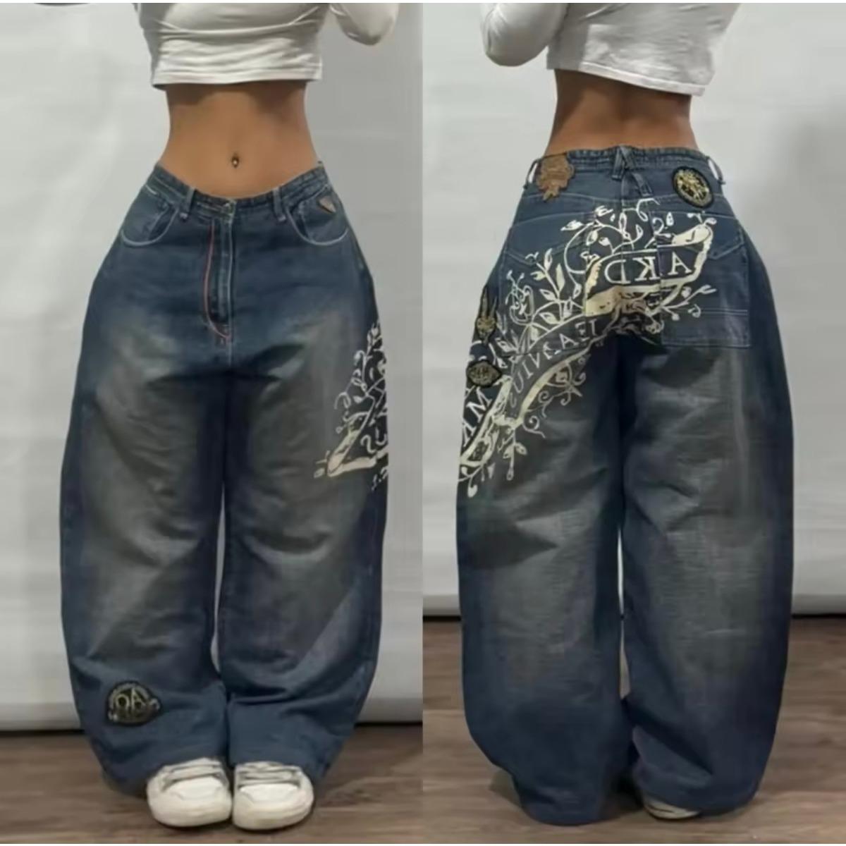 

Y2K Trendy Retro Classic Pocket Skull Pattern Прямые джинсовые брюки Летние американские готические стираные широкие джинсовые брюки свободного покроя S