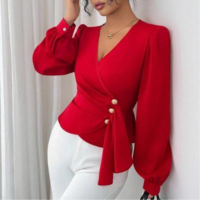 Temperament V-neck Shirt Women's Spring and Autumn New Style Pleated Long-sleeved Shirt