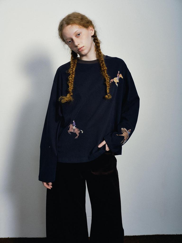 Dai He Early Spring Casual Color Block Horse Print Long Sleeve T-Shirt